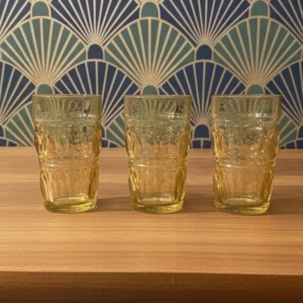 Colony Glass Crown Pattern Tumblers, Set‎ of 3, Honey Gold Glasses, Drinkware